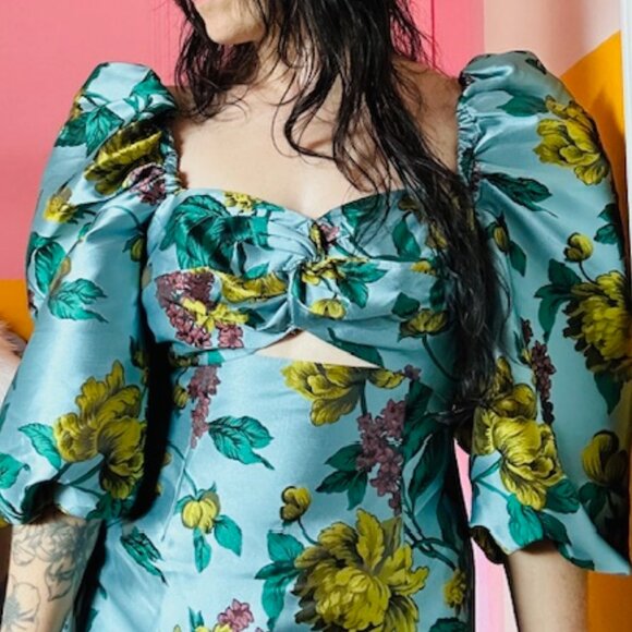 ASOS Salon Floral Jacquard Puff Sleeve Cut Out Dress - 8 - Picture 14 of 14